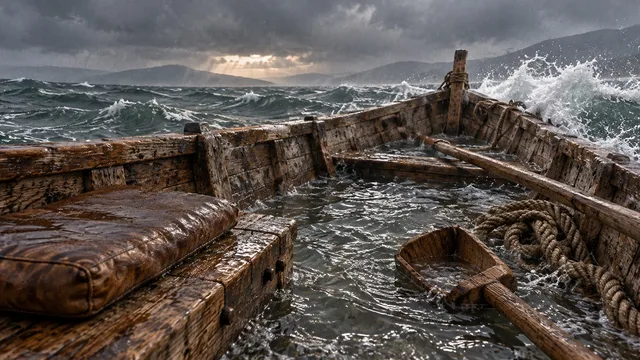 Barco de Pesca de Madeira Enchendo de Água numa Tempestade no Mar da Galileia