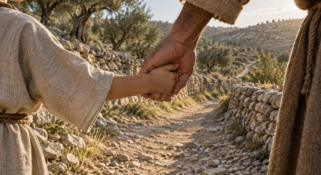 Mão de um Pai Segurando a Mão Direita de uma Criança num Caminho de Pedra entre Oliveiras