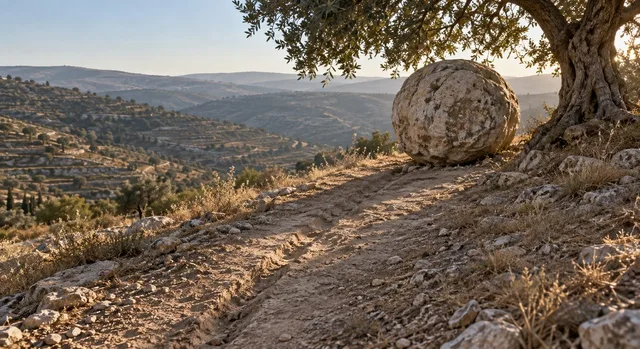 Pedra Redonda de Calcário Rolada Encosta Acima até a Sombra de uma Oliveira, com o Sulco no Caminho