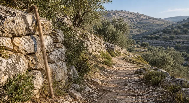 Cajado de Pastor Encostado num Muro de Pedra Seca ao Lado de uma Trilha