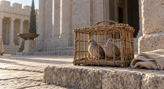 Duas Rolas numa Gaiola de Junco no Degrau de Pedra do Pátio do Templo, a Oferta da Família Pobre